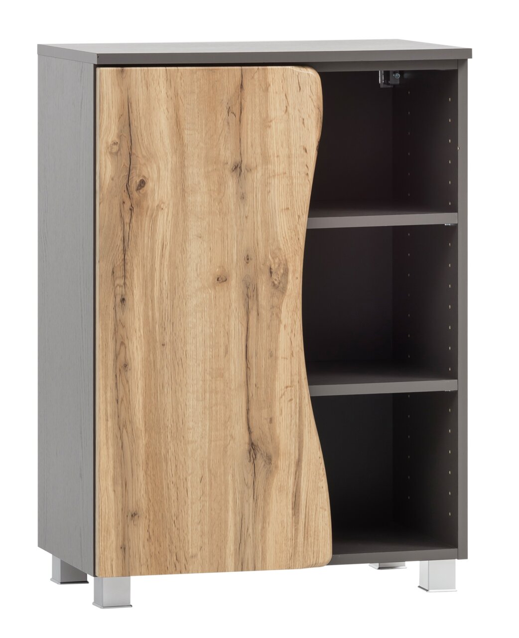 Moderner Unterschrank mit einer Kombination aus Holz- und Grautönen, linke Tür aus Holzoptik, rechte Seite offen mit zwei Regalböden, Perspektive von vorne.