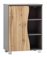 Moderner Unterschrank mit einer Kombination aus Holz- und Grautönen, linke Tür aus Holzoptik, rechte Seite offen mit zwei Regalböden, Perspektive von vorne.