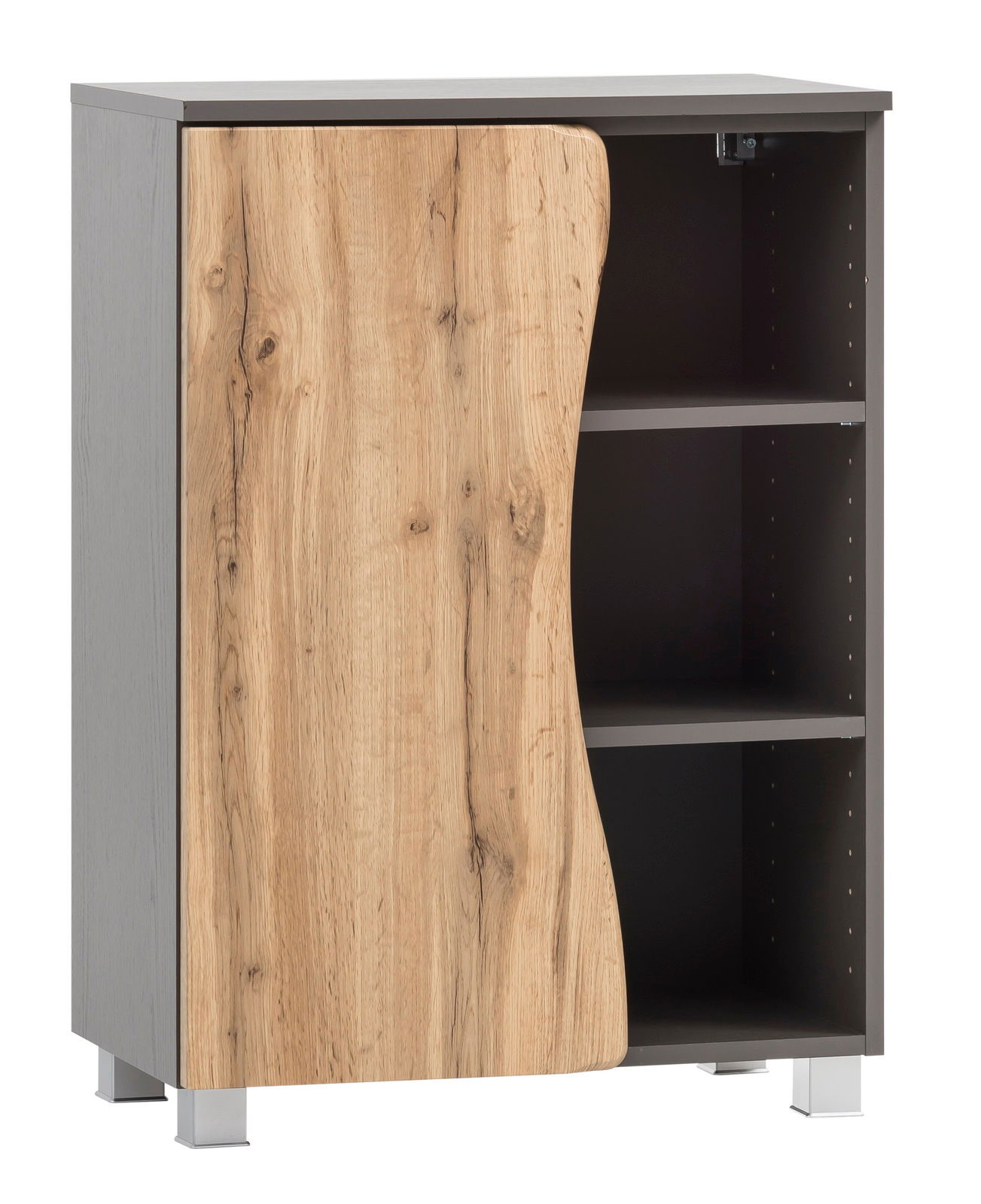 Moderner Unterschrank mit einer Kombination aus Holz- und Grautönen, linke Tür aus Holzoptik, rechte Seite offen mit zwei Regalböden, Perspektive von vorne.