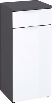 Moderner Unterschrank mit weißer Front und dunkler Seitenansicht, Perspektive von vorne.