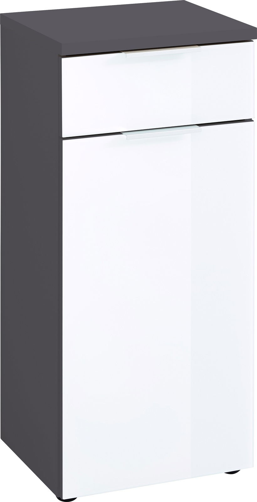 MID.YOU Unterschrank PESCARA Moderner Unterschrank mit weißer Front und dunkler Seitenansicht, Perspektive von vorne.