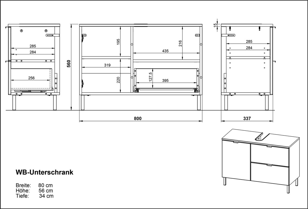 Technische Zeichnung eines WB-Unterschranks mit den Maßen: Breite 80 cm, Höhe 56 cm, Tiefe 34 cm. Perspektive von vorne und seitlich.