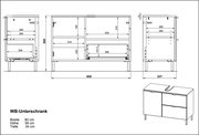 Technische Zeichnung eines WB-Unterschranks mit den Maßen: Breite 80 cm, Höhe 56 cm, Tiefe 34 cm. Perspektive von vorne und seitlich.
