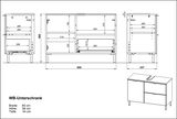 Technische Zeichnung eines WB-Unterschranks mit den Maßen: Breite 80 cm, Höhe 56 cm, Tiefe 34 cm. Perspektive von vorne und seitlich.