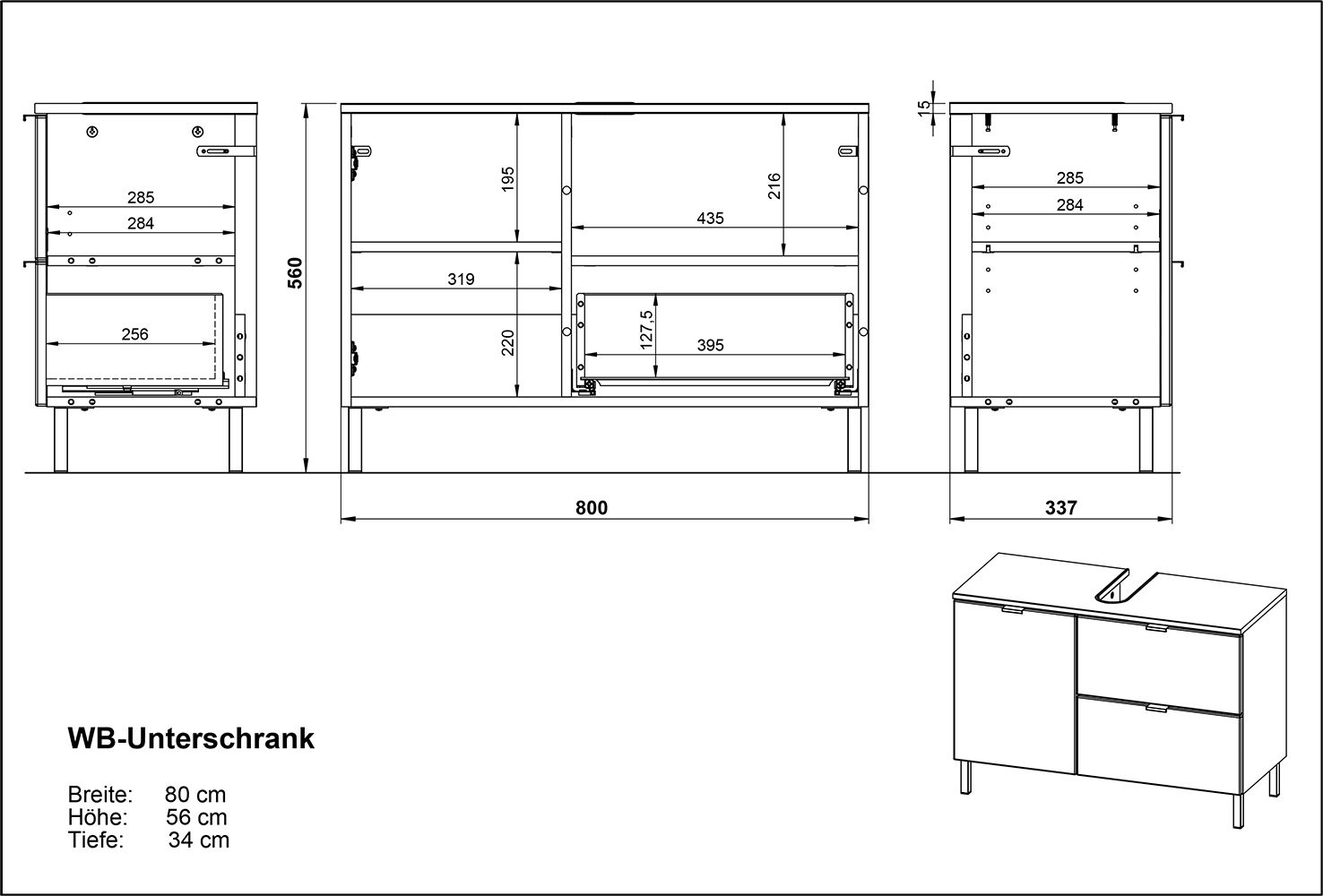 Technische Zeichnung eines WB-Unterschranks mit den Maßen: Breite 80 cm, Höhe 56 cm, Tiefe 34 cm. Perspektive von vorne und seitlich.