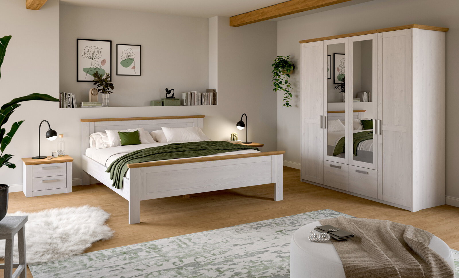 Modernes Schlafzimmer-Set in Weiß mit Holz-Akzenten: Doppelbett mit Nachttisch und Kleiderschrank mit Spiegeltüren, fotografiert in schräger Frontansicht aus dem Raum.