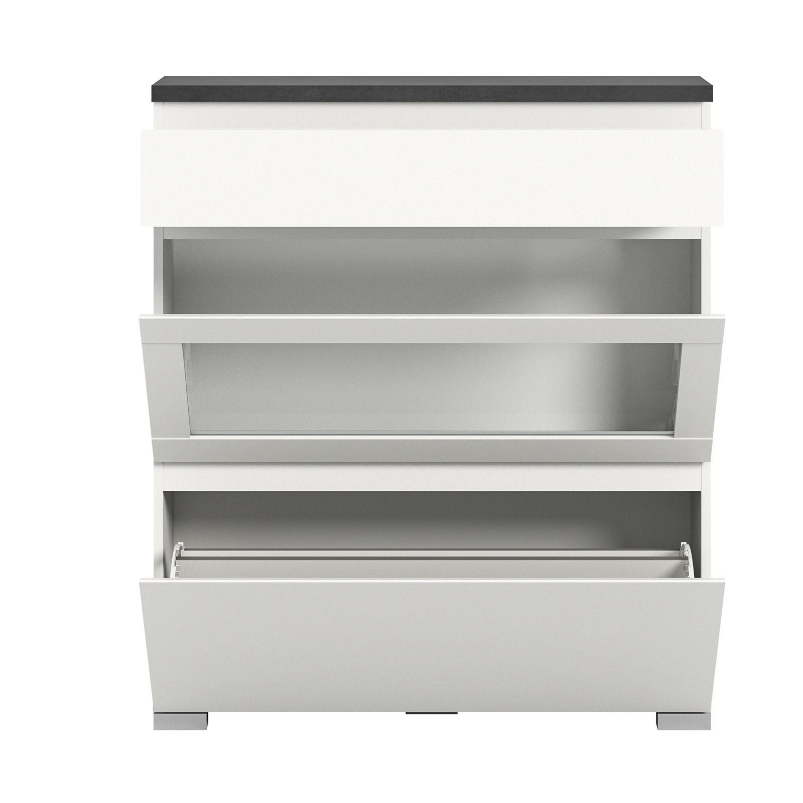 Moderner weißer Schuhschrank mit drei offenen Klappen, Frontansicht