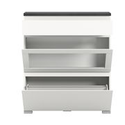 Moderner weißer Schuhschrank mit drei offenen Klappen, Frontansicht