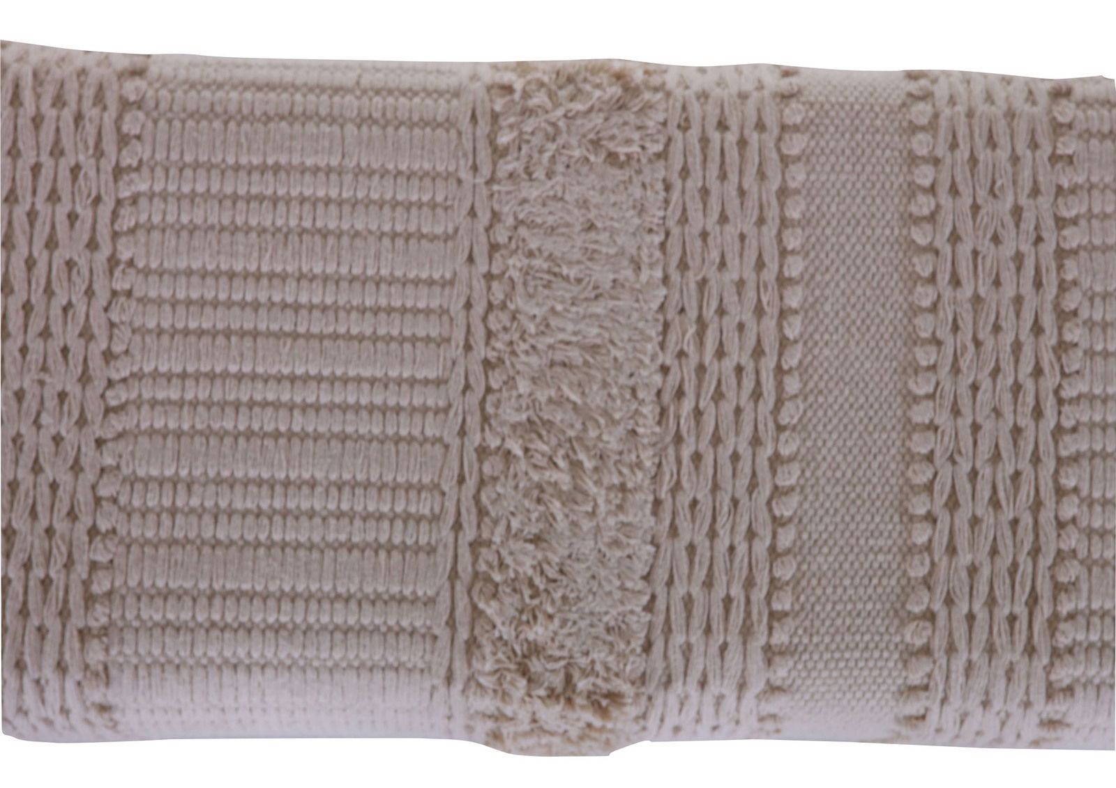 Z2 Hockerbank PUFFY Nahaufnahme einer Hockerbank mit strukturiertem, cremefarbenem Stoffbezug, von oben betrachtet.