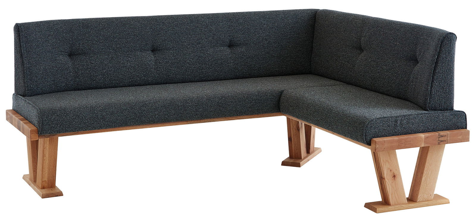 Eckbank mit dunkelgrauem Stoffbezug und Holzgestell, seitliche Perspektive