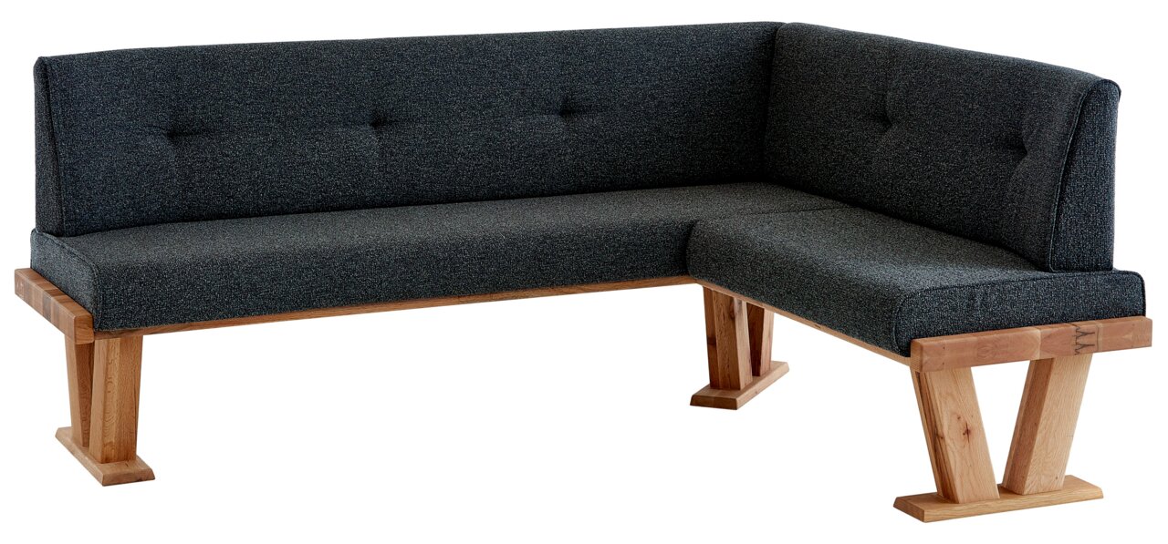 Eckbank mit dunkelgrauem Stoffbezug und Holzgestell, seitliche Perspektive