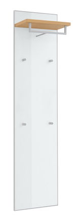 Schmales Garderobenpaneel mit Holzablage und Haken, seitliche Perspektive