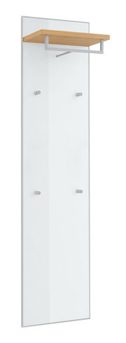 Schmales Garderobenpaneel mit Holzablage und Haken, seitliche Perspektive