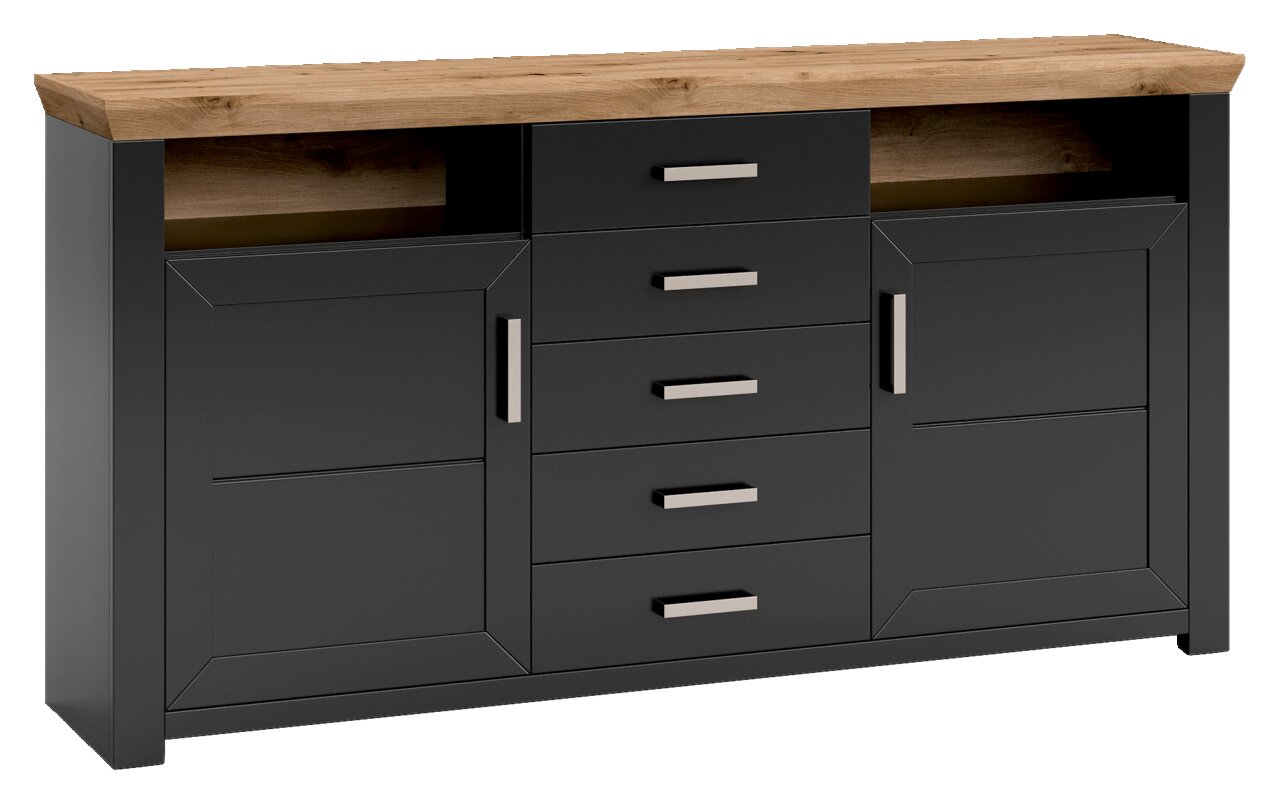 Modernes Sideboard in dunklem Grau mit Holzplatte, fünf Schubladen und zwei Türen, Frontalansicht.
