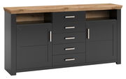 Modernes Sideboard in dunklem Grau mit Holzplatte, fünf Schubladen und zwei Türen, Frontalansicht.