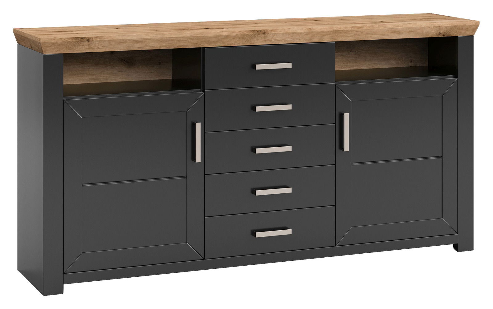 Modernes Sideboard in dunklem Grau mit Holzplatte, fünf Schubladen und zwei Türen, Frontalansicht.