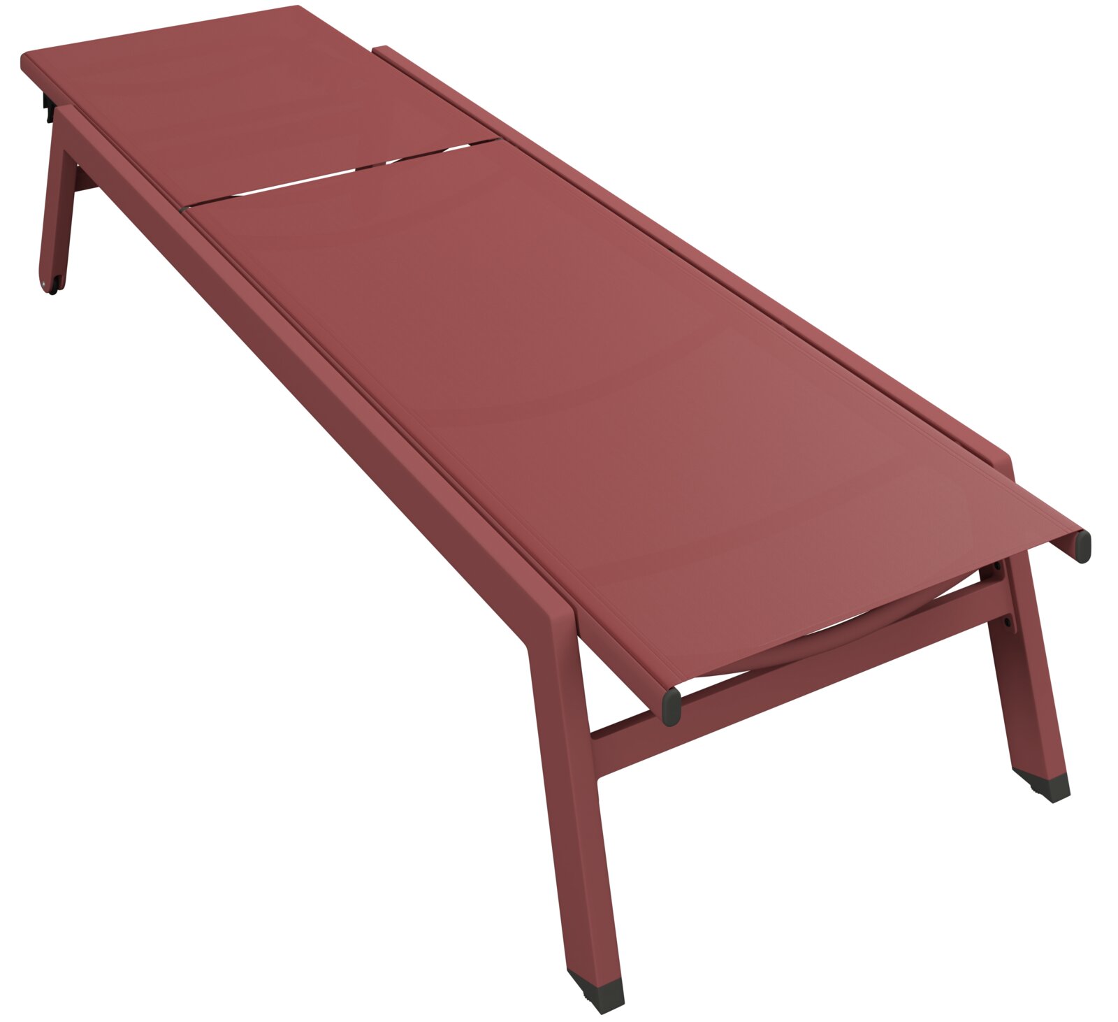 Rote Sonnenliege aus Metall, seitliche Perspektive
