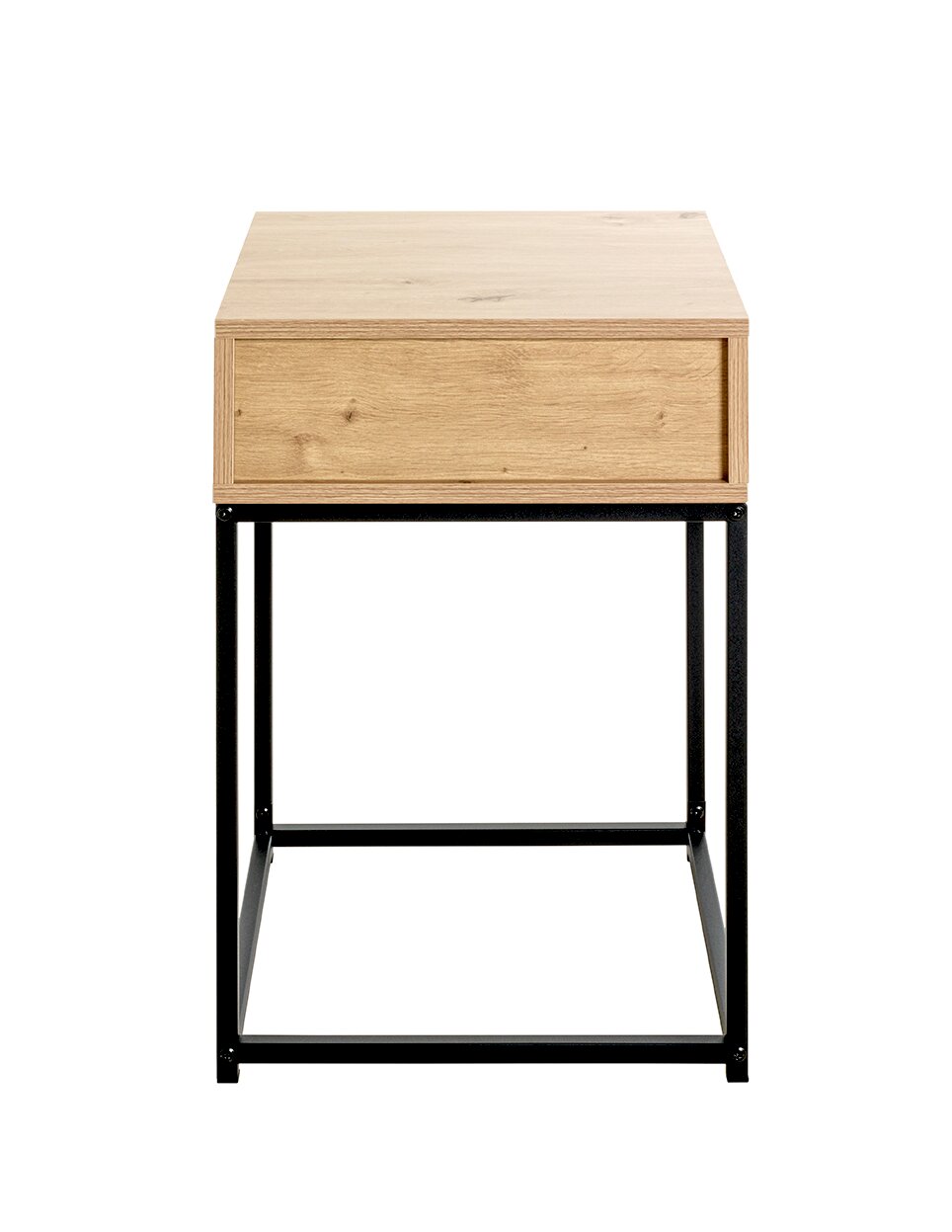 Moderner Nachttisch/Beistelltisch aus hellem Holz mit Schublade und schwarzem Metallgestell, frontal aus leicht erhöhter Perspektive auf weißem Hintergrund