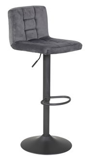 Grauer Barhocker mit gepolsterter Rückenlehne und Sitzfläche, schwarzem Metallgestell und Fußstütze, seitliche Perspektive