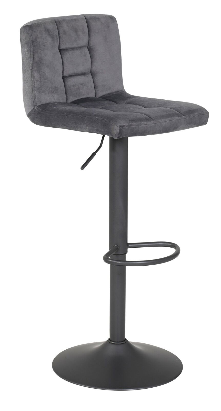 Grauer Barhocker mit gepolsterter Rückenlehne und Sitzfläche, schwarzem Metallgestell und Fußstütze, seitliche Perspektive