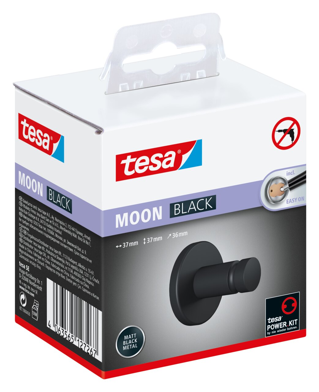Verpakking van de tesa MOON BLACK handdoekhaak in matzwart, vooraanzicht
