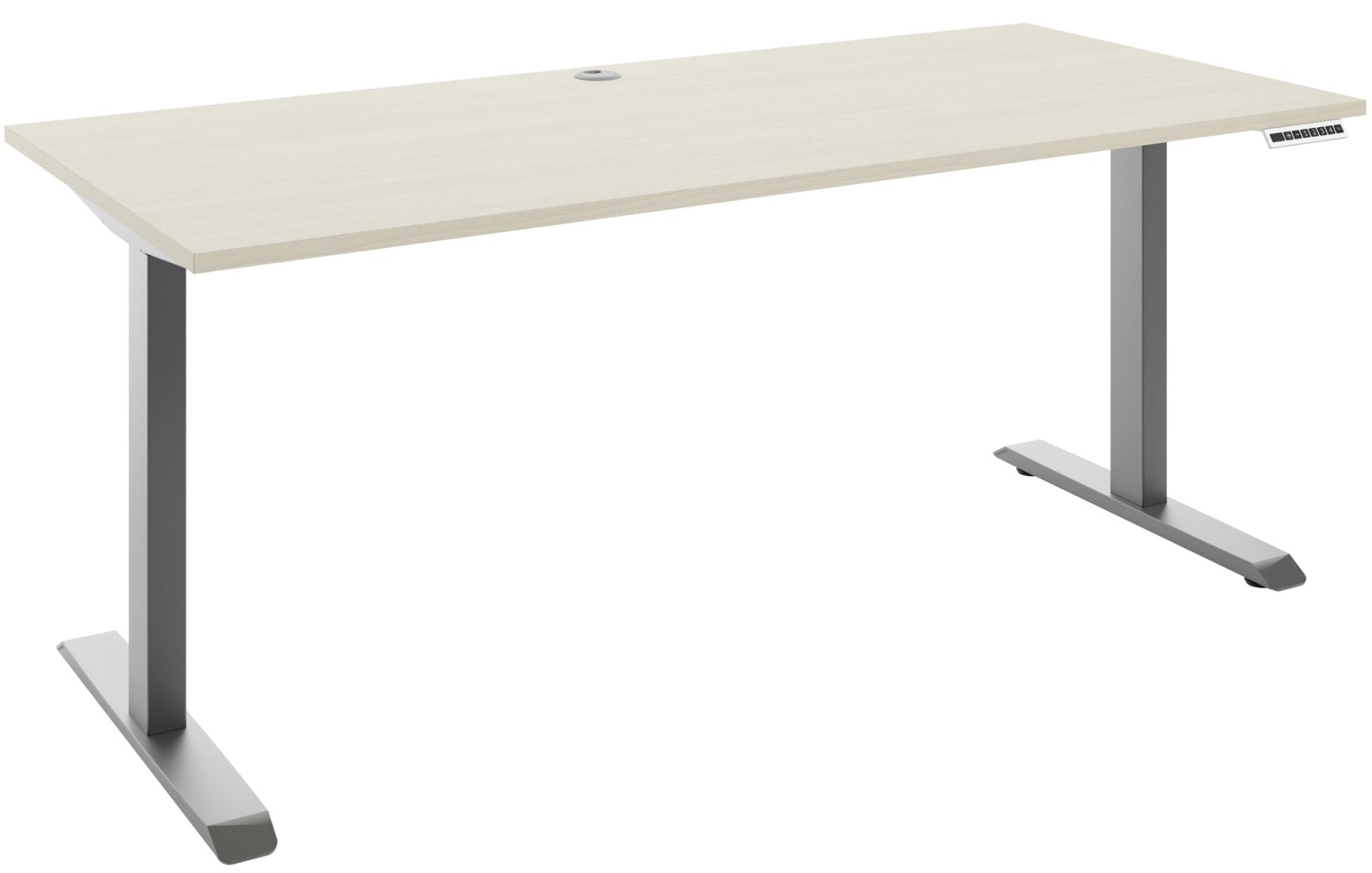 Manjana E-Schreibtisch 2-motorig OHIO Moderner E-Schreibtisch mit heller Holzoberfläche und grauen Metallbeinen, seitliche Perspektive