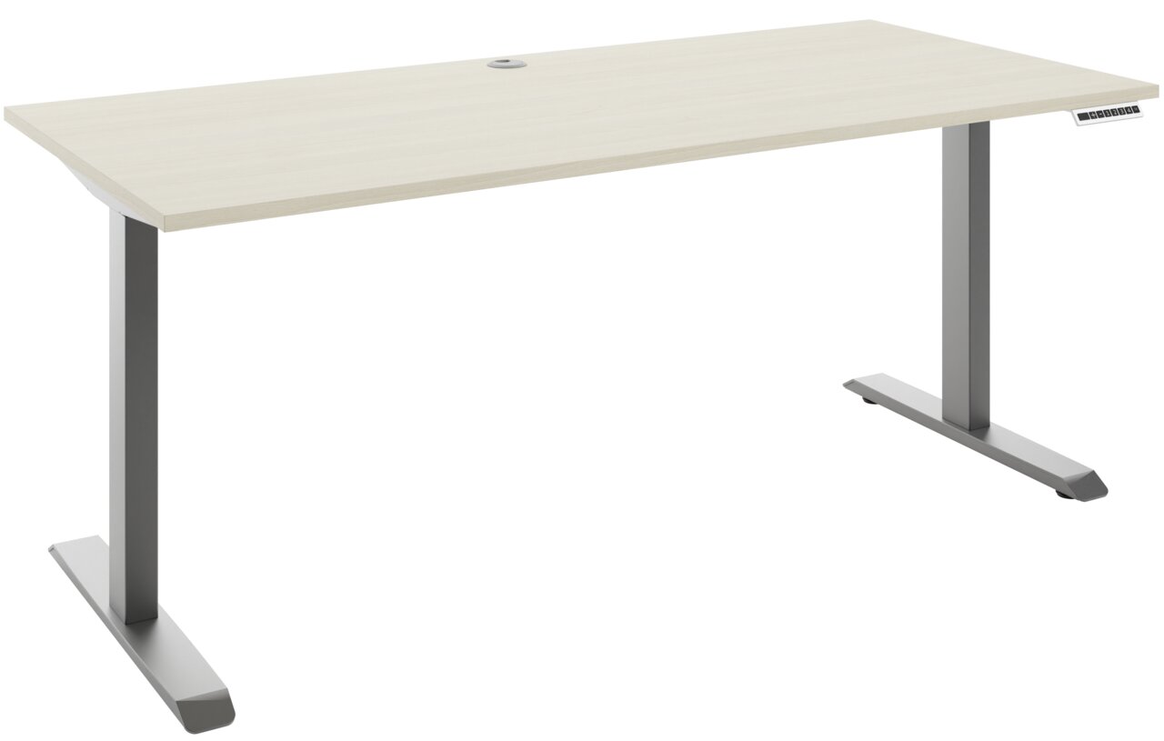 Moderner E-Schreibtisch mit heller Holzoberfläche und grauen Metallbeinen, seitliche Perspektive