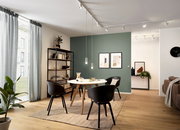 Moderne Wohnzimmerszene mit Schienensystem an der Decke, das mehrere verstellbare Leuchten trägt. Perspektive von der Seite, die den Raum mit Tisch, Stühlen und Regal zeigt.