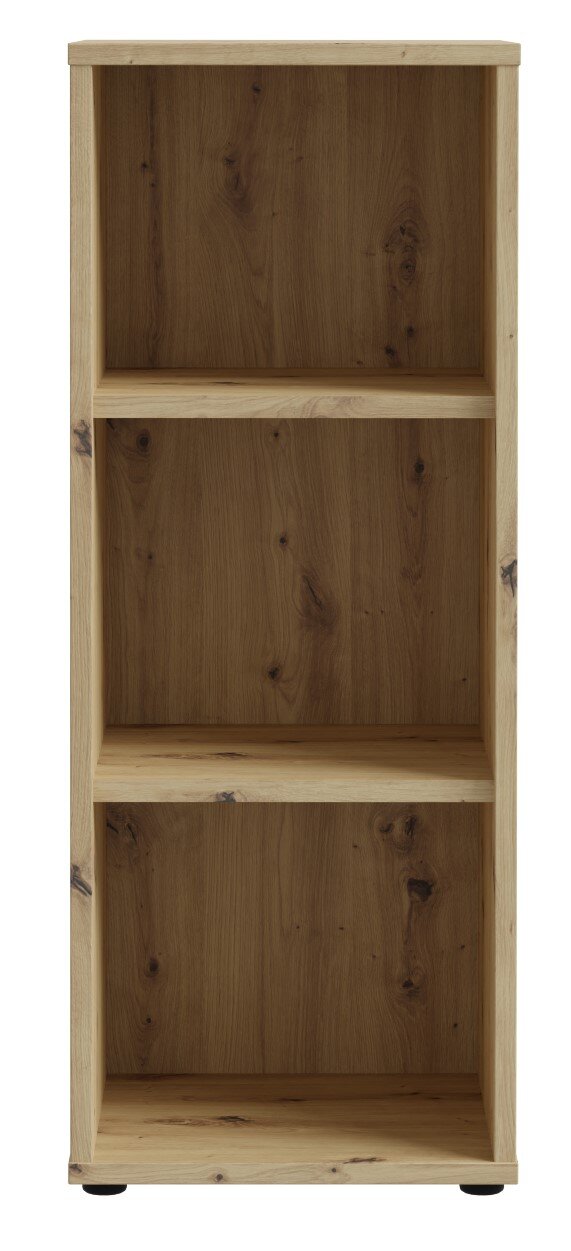 Schmales Regal aus Holz mit drei offenen Fächern, frontale Ansicht
