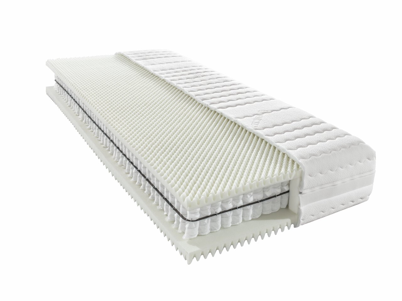Novel Taschenfederkernmatratze H3 ORTHO STAR PLUS T Querschnitt einer Taschenfederkernmatratze der Serie ORTHO STAR PLUS T mit sichtbaren Schichten und Struktur, seitliche Perspektive