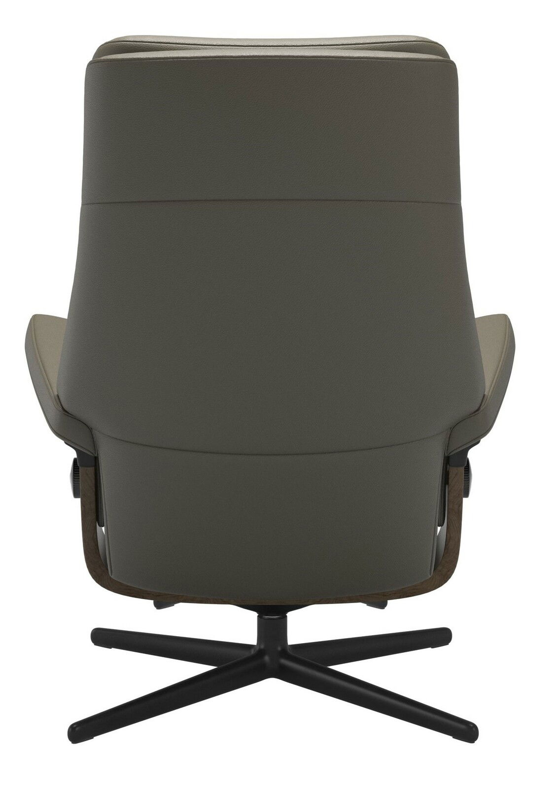 Rückansicht eines modernen Einzelsessels mit drehbarem Fußgestell in dunklem Farbton.