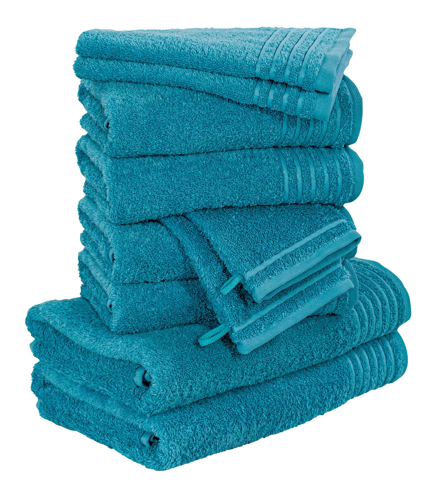 Ein Stapel von türkisfarbenen Handtüchern, seitliche Perspektive