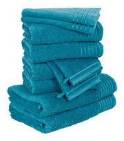 Ein Stapel von türkisfarbenen Handtüchern, seitliche Perspektive