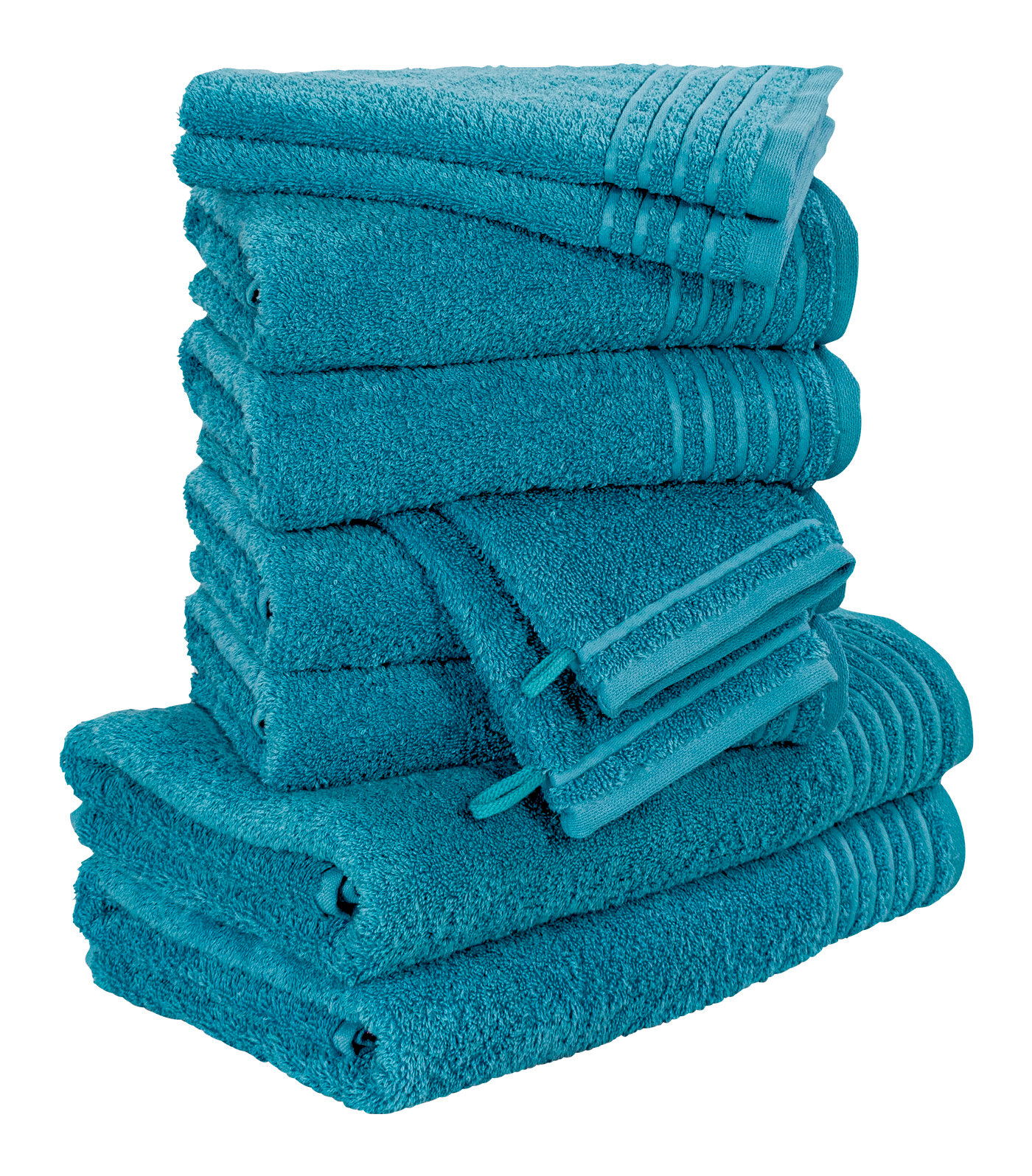 Ein Stapel von türkisfarbenen Handtüchern, seitliche Perspektive