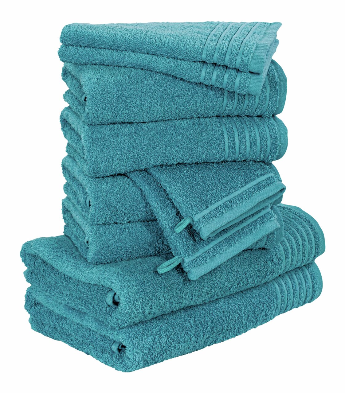 Ein Stapel von türkisfarbenen Handtüchern, seitliche Perspektive
