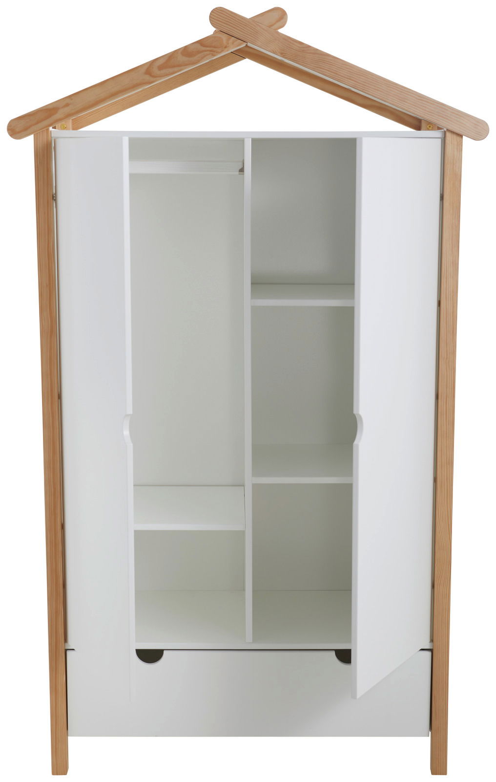 Moderner Kleiderschrank mit weißem Korpus und naturfarbenem Holzrahmen in Hausform, offene Türen, Frontalansicht