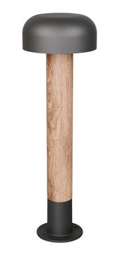 LED-Pollerleuchte mit modernem Design, Holzoptik und schwarzem Metallfuß, seitliche Perspektive