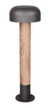 LED-Pollerleuchte mit modernem Design, Holzoptik und schwarzem Metallfuß, seitliche Perspektive