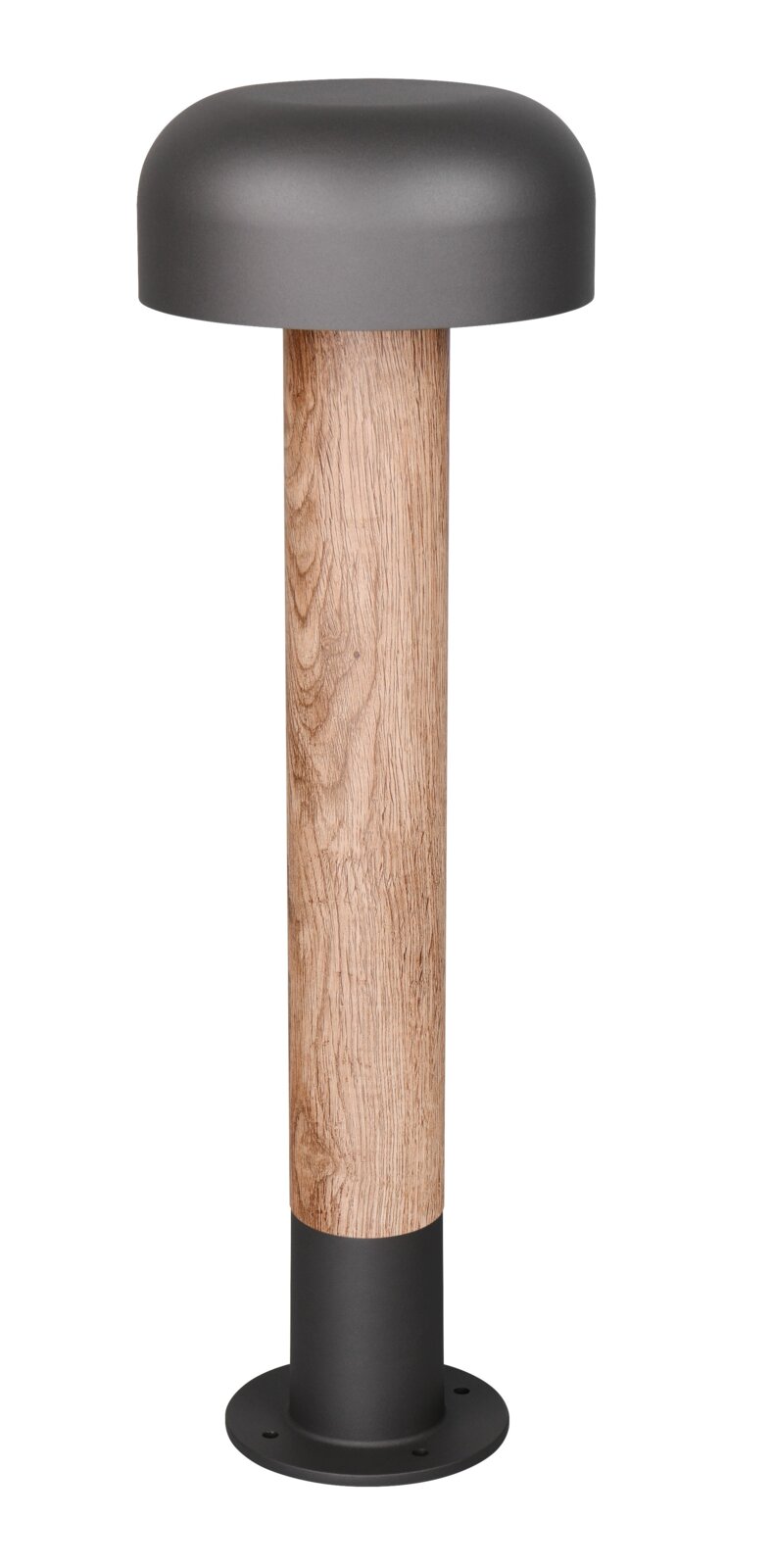 LED-Pollerleuchte mit modernem Design, Holzoptik und schwarzem Metallfuß, seitliche Perspektive