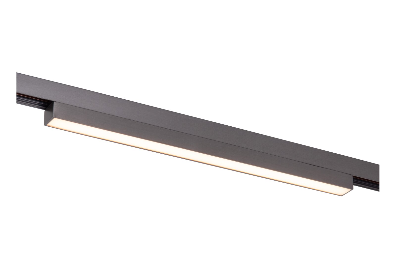 Schlanke LED-Schienenleuchte in Anthrazit mit langem Lichtband, seitliche Perspektive leicht von unten auf weißem Hintergrund