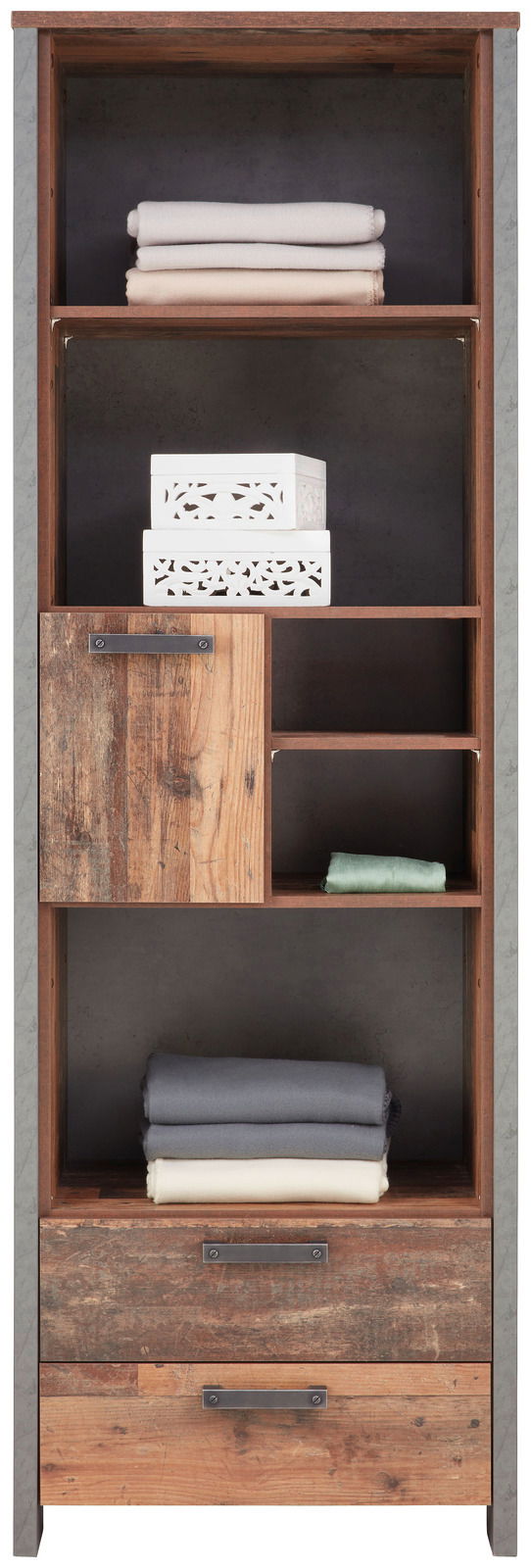 Regal aus Holz mit mehreren Fächern und Schubladen, frontal fotografiert.