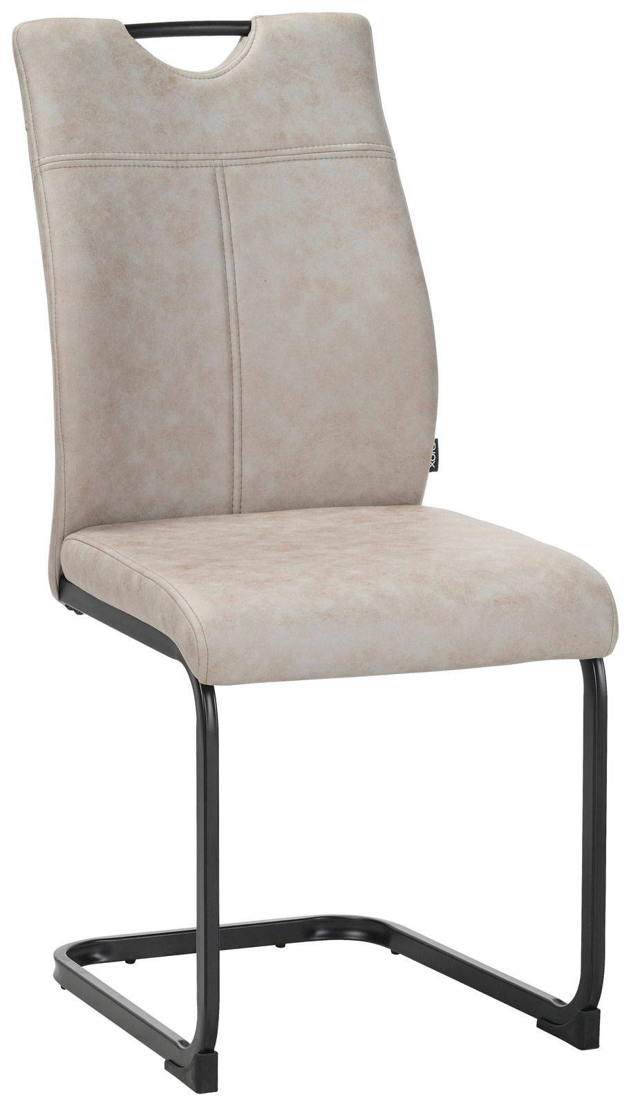 Moderner Schwingstuhl mit beigem Polster und schwarzem Metallgestell, seitliche Perspektive