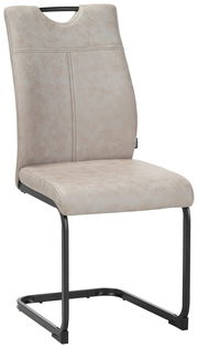 Moderner Schwingstuhl mit beigem Polster und schwarzem Metallgestell, seitliche Perspektive