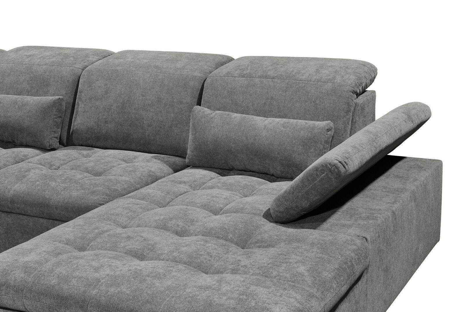 Graues Ecksofa mit verstellbarer Rückenlehne und Kissen, seitliche Perspektive