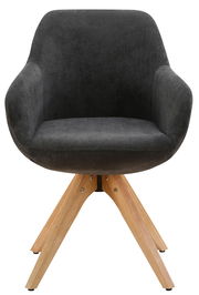 Moderner Armlehnstuhl mit dunkelgrauem Stoffbezug und Holzbeinen, Frontalansicht