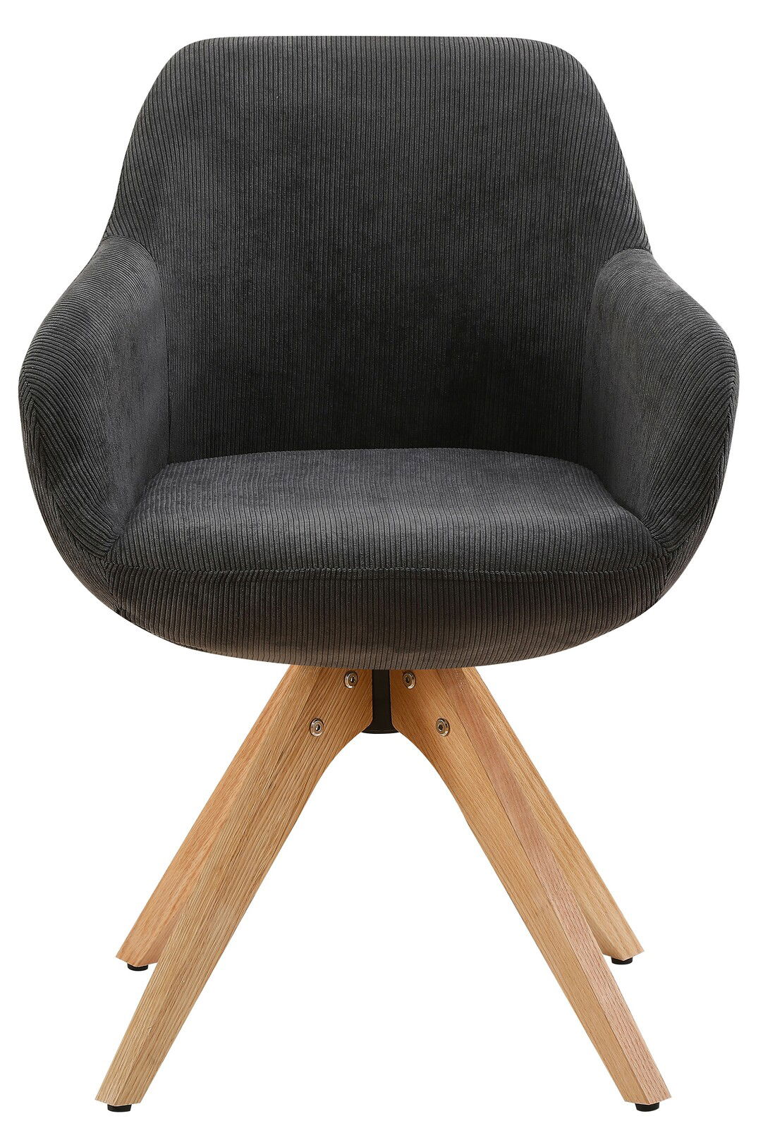 Moderner Armlehnstuhl mit dunkelgrauem Stoffbezug und Holzbeinen, Frontalansicht