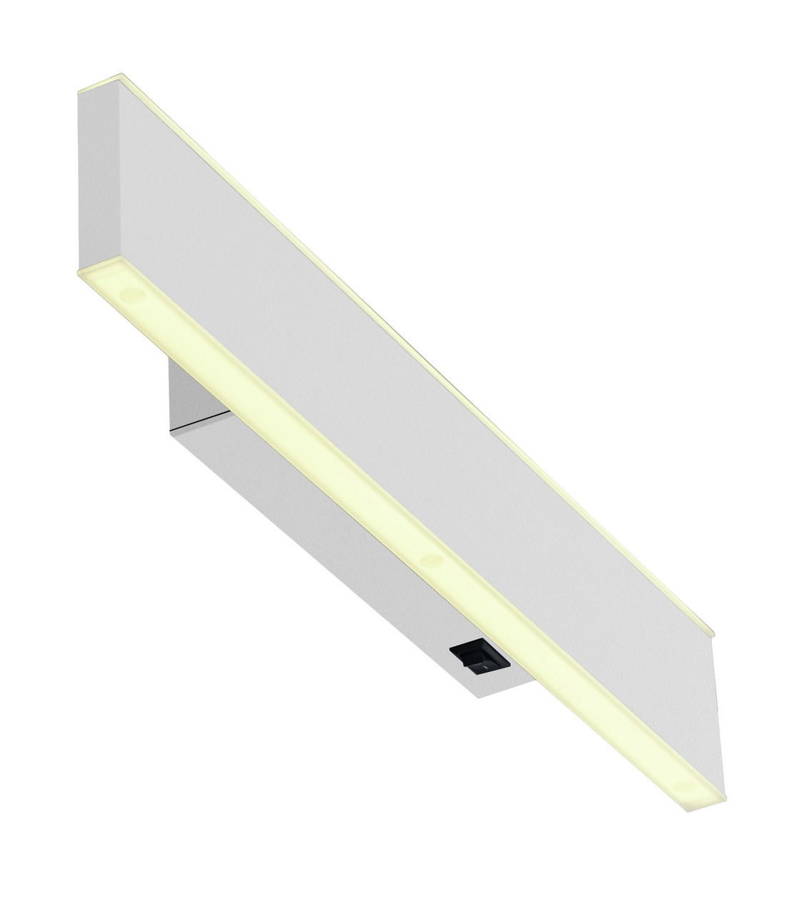 Moderne Akku-Wandleuchte DELTA-B in schräger Perspektive, mit schlankem, rechteckigem Design und integriertem Lichtstreifen.