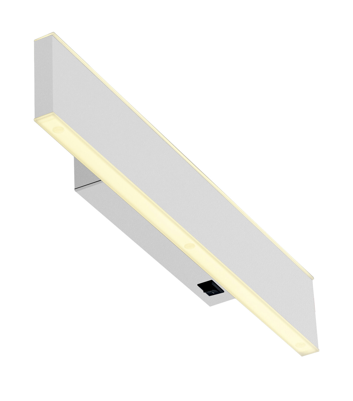 Moderne Akku-Wandleuchte DELTA-B in schräger Perspektive, mit schlankem, rechteckigem Design und integriertem Lichtstreifen.