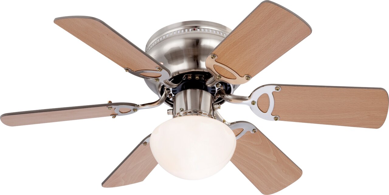Globo Lighting Ventilator UGO Deckenventilator mit fünf Holzflügeln und integriertem Licht, Ansicht von unten.
