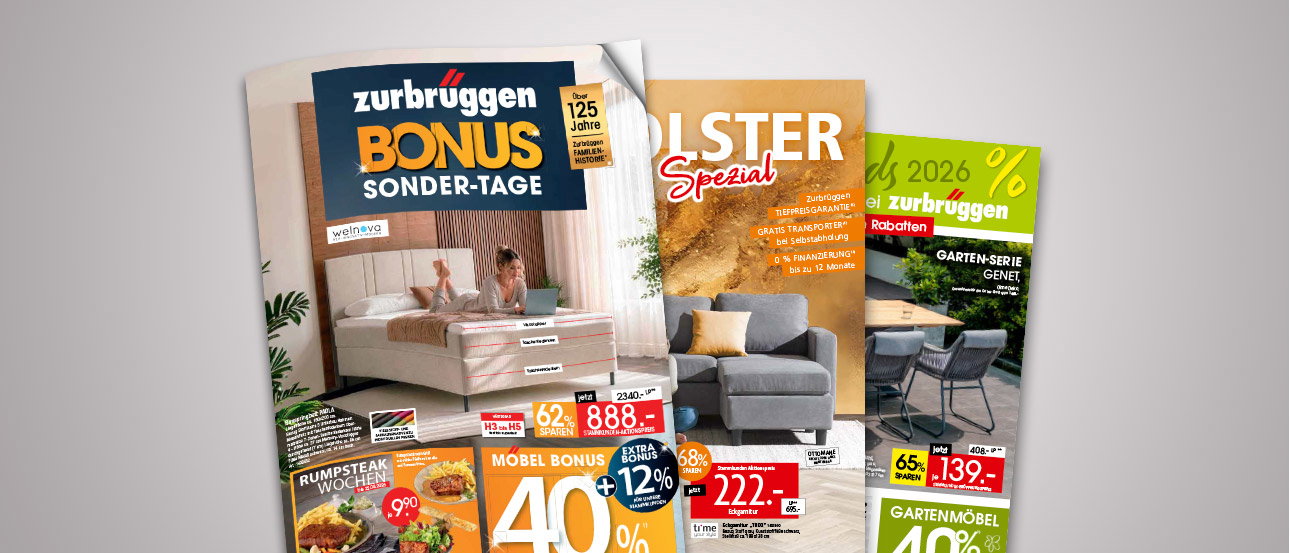 Prospekte der zurbrüggen Bonus-Sonder-Tage und Smartphone mit digitalem Prospekt auf dunklem Hintergrund.